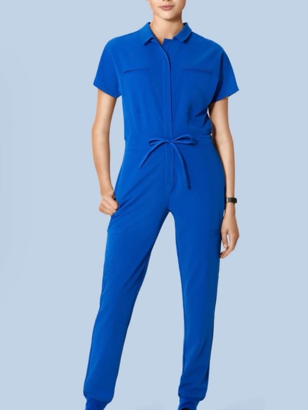 Short-Sleeve Tie-Waist Jumpsuit in Cobalt Blue